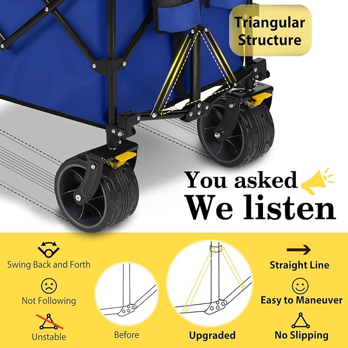 Sekey Extended Collapsible Foldable Wagon with 660lbs Weight Capacity, Heavy Duty Folding Utility Garden Cart with Big All-Terrain Beach Wheels & Drink Holders. Royal Blue