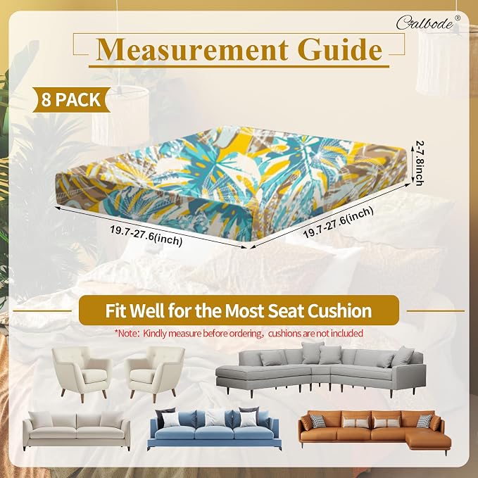 CALBODE 8pcs Outdoor Tropical Plant Printed Sofa Seat Cushion Covers Strechable, Dustproof Elastic Half-Covered Sofa Covers Washable Reusable Patio Furniture Protector（Blue and Yellow, Cover Only）