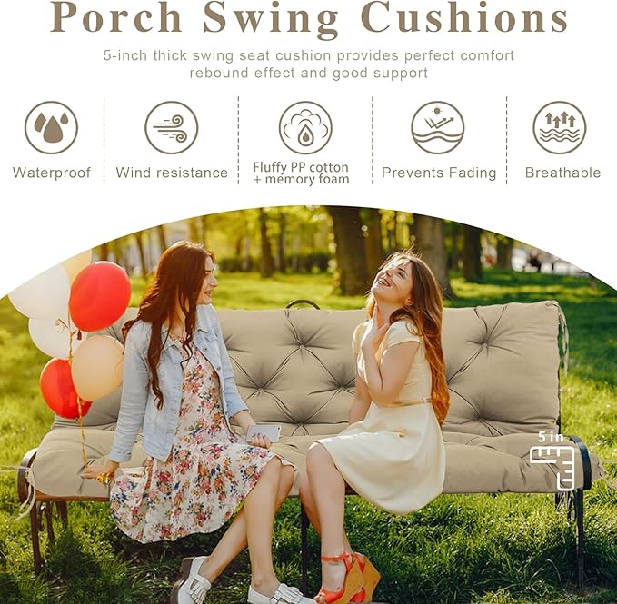5" Thick Waterproof Porch Swing Cushion 40 x 40 in 3 Seater Replacement Outdoor Swing Cushions with Back Support Patio Swing Cushion for Outdoor Bench Furniture