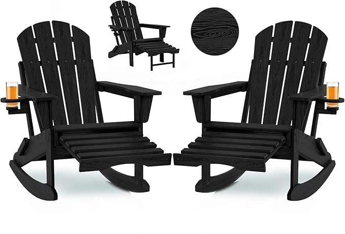 Folding Adirondack Rocking Chair Set of 2,4-in-1 Multifunctional Patio Chairs with Retractable Ottoman, Outdoor Chairs Wood Texture, Lawn Chair for Porch, Backyard, Pool(Black)