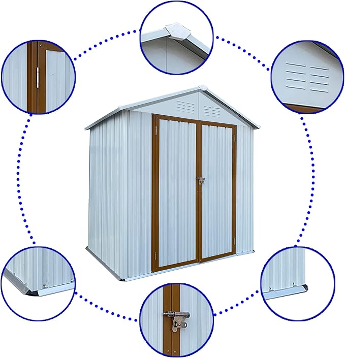 4x6 FT Outdoor Metal Storage Sheds with Apex Roof,Single-Storey Waterproof Roofed Structure Garden Shed w/Lockable Doors,for Lawn Equipment Tool Sundries,White+Yellow