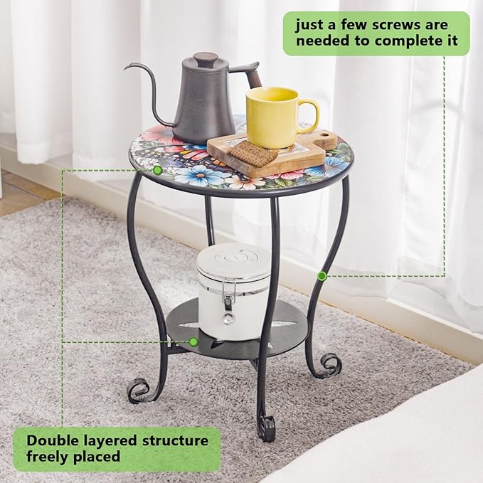 Outdoor Side Table Mosaic Patio Small End Table Metal Coffee Tea Accent Table for Patio Living Room Bedroom Yard Porch Garden (Colourful Butterflies)