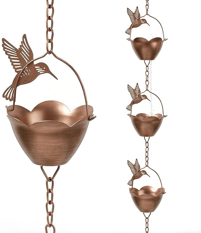 Topadorn Hummingbird Rain Chain, 7.85 ft Decorative Metal Gutter Chain with 12 Cups, Weatherproof Water Diverter for Outdoor Garden
