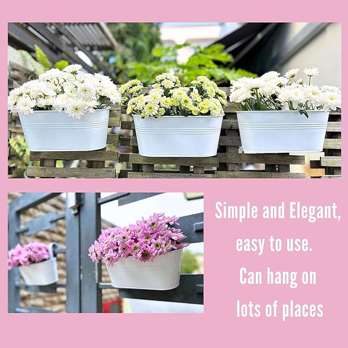 Maxona Metal Iron Hanging Flower Pots, 4 Pack, 11.8 Inch Oval White Railing Fence Hanging Bucket Pots Countryside Style Window Flower Plant Holder with Detachable Hooks Home Décor
