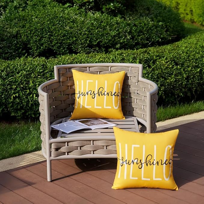 DFXSZ Outdoor Pillow Covers Set of 2 Hello Sunshine Decor Waterproof Throw Pillow Covers Summer Outdoor Waterproof Pillow Covers Decor for Patio Funiture Garden Sofa Couch 22x22 Inch Yellow 20B22
