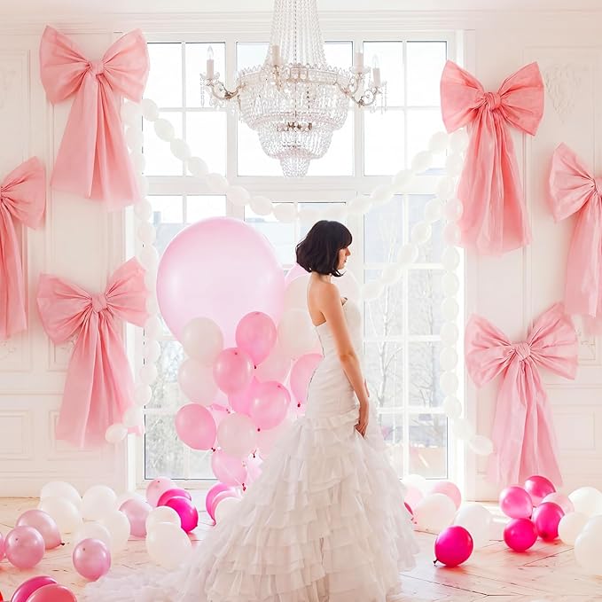 Pink Bow Birthday Decorations Set 4 DIY Giant Wall Large Pink Bows 100 Link Balloons Hanging Cute Items for Coquette Home Room Wedding Birthday Baby Shower Party Supplies