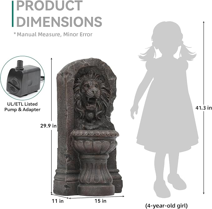 AUTODAYA 30" Majestic Lion Head Outdoor Water Fountain, Rustic Stone Pedestal Cascading Water Feature with Warm LED Lights, Tranquil Oasis for Outside Garden Patio Yard Decor