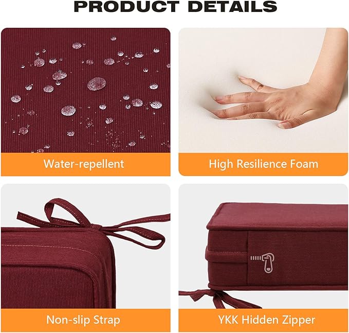 Unimatta Sunbrella Square Corner Seat Cushions, 19" x 19" x 3", Set of 4, Indoor Outdoor Water Repellent Universal Chair Pads with Ties for Patio Furniture, Garden Dining Chairs, Spectrum Ruby