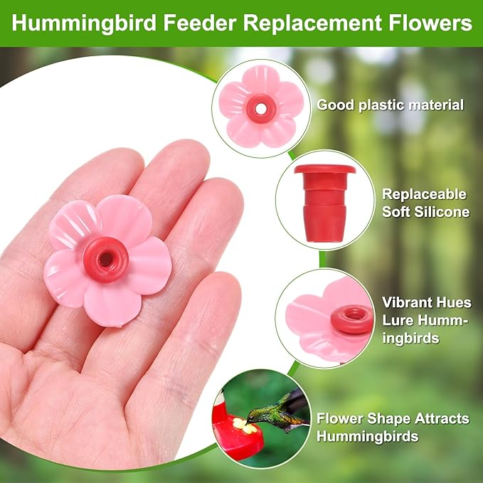 M METERXITY 16-Pack Hummingbird Feeder Replacement Flowers, Plastic Pet Hummingbird Feeding Parts Feeding Ports for Outdoor Hanging Feeders, Bees Guards [Pink]