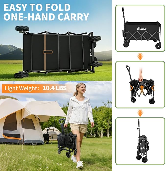 Collapsible Wagon Cart Foldable Beach Wagon with All-Terrain Wheels - 380 LBS Heavy Duty Grocery Cart for Shopping, Beach, Camping, Sports, Garden (Black)