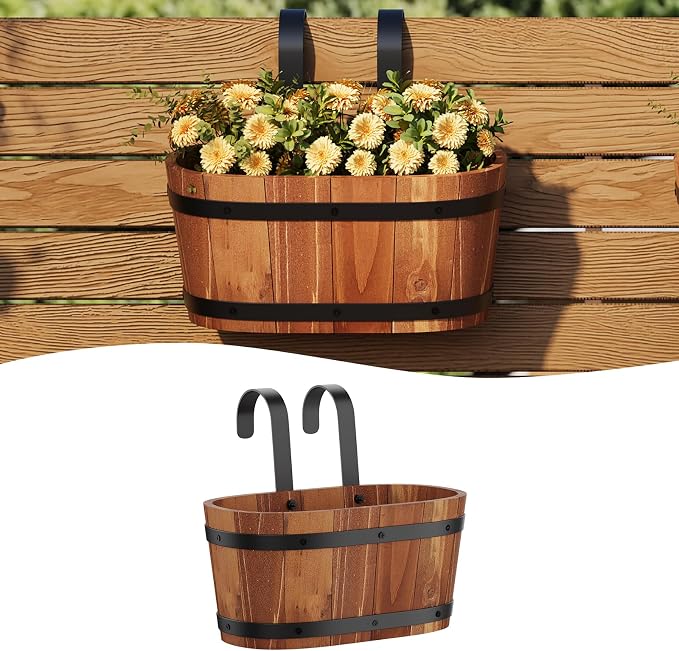 Railing Planters for Outdoor Plants Balcony Hanging Flower Pots with Detachable Hooks, Window Flower Box Hanging Bucket Pots Fence Planters for Garden Home Decor(Brown-1pack, Small)