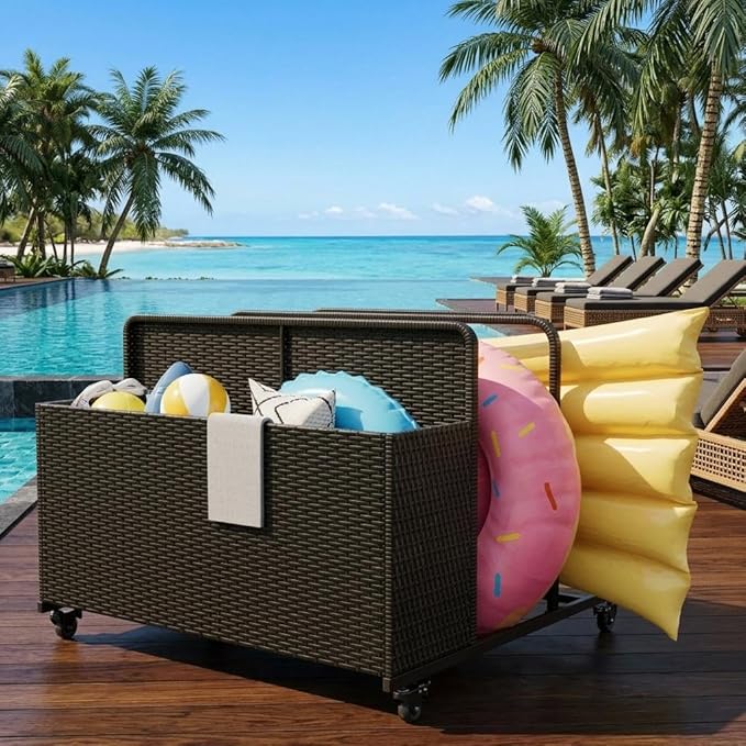 Pool Float Storage Organizer with Rolling Wheels, Outdoor Wicker Rattan Pool Caddy & Toy Storage Basket, All-Weather PE Rattan Holder for Pool Noodles, Life Vests, Beach Balls, Equipment, Patio Deck