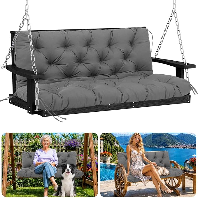 Porch Swing Cushions 40 inch Waterproof & Fade Resistant Thicken 5" Outdoor Swing Cushions 2 Seater Replacement with Backrest & Ties Patio Swing Cushions for Outdoor Furniture (Dark Gray)