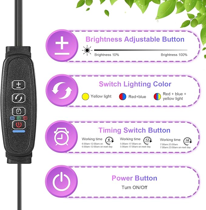 Black 2-Tube Clip-On Grow Light with Red/Blue/Yellow LEDs, Full Spectrum, 6/12/16H Timer, 3 Modes & 10 Dimmable Levels, for Indoor Plants (8W) (1 Pack)