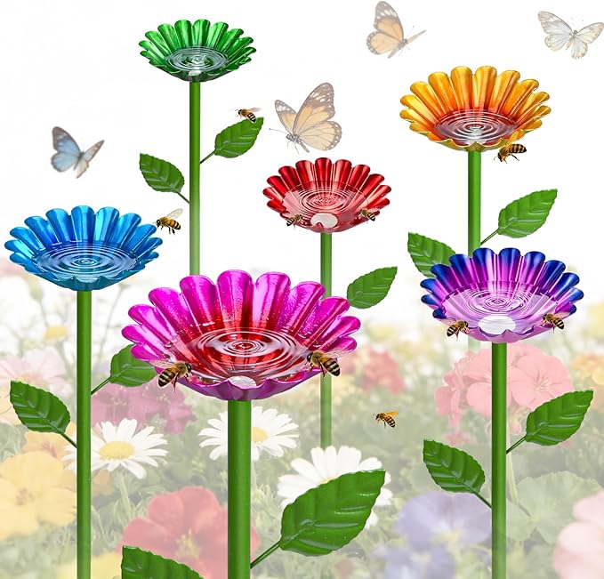 Mellbree Bee Watering Station, 6-Pack Metal Flower Bee Bath for Garden – Attract Butterflies & Pollinators – Colorful Outdoor Garden Stakes for Yard, Patio, Butterfly Garden, Gardening Essentials