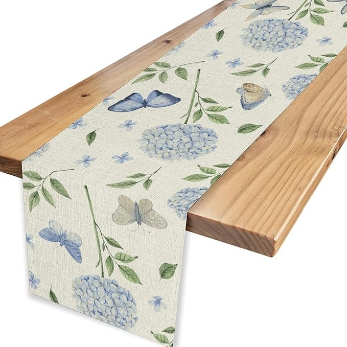 Blue Hydrangea Table Runner, Rustic Boho Watercolor Floral Spring Summer Seasonal Flower Butterfly Farmhouse Coffee Table Center Decor for Family Kitchen and Dining Party Table Decorations, 13"x108"