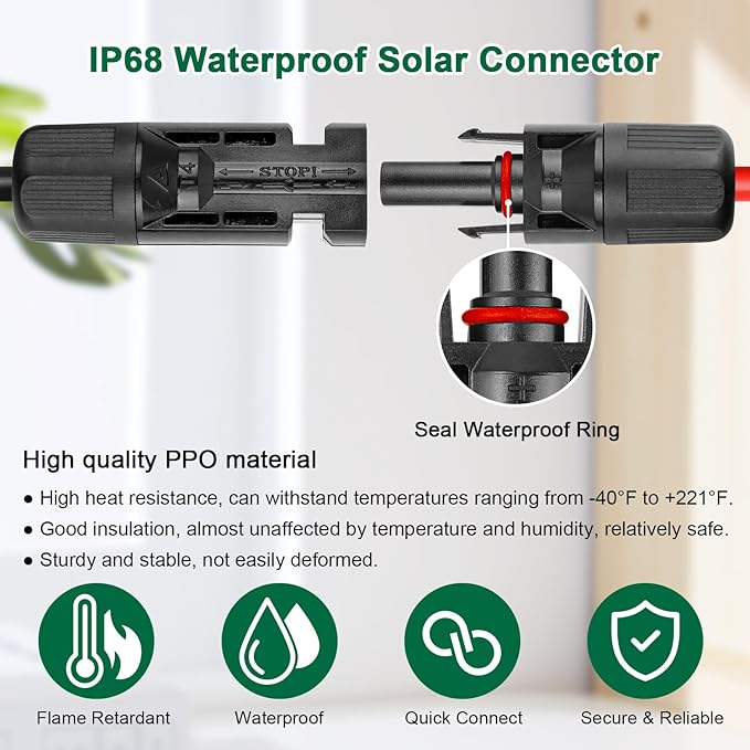 10AWG Solar Cable - 10FT Solar Panel Extension Cord 10 Gauge PV Wire with Flame Retardant Protective Sleeving Female & Male Waterproof Connector for RV, Photovoltaic Systems, Solar Panels (10 Feet)