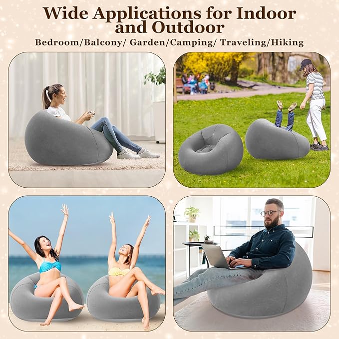 Realspring Inflatable Bean Bag Chairs Outdoor Blow up Camping Chairs Inflatable Lazy Sofa Folding Portable Bean Bag Loungers Couch for Movie Night(Dark Gray,12 Pcs)
