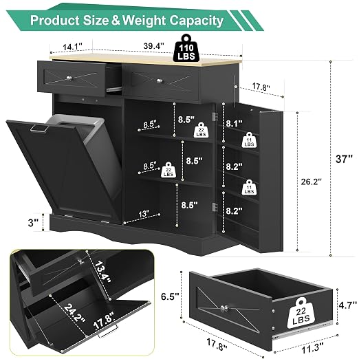 kepptory Tilt Out Trash Can Cabinet for 12 Gallon Trash Can, Modern Kitchen Island Cabinet with Adjustable Shelf and 2 Drawers for Hidden Laundry Basket, Dog Proof Garbage Can, Black