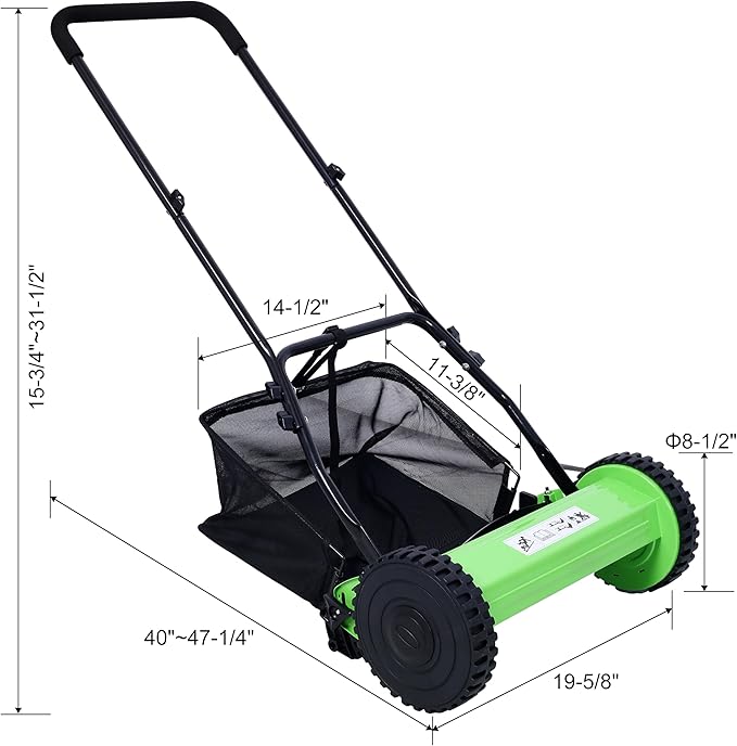 KEIKI 14-Inch Manual Lawn Mower, Push Reel Mowers w/Grass Catcher & Adjustable Cutting Height, 2-Wheels Small Lawnmower with 5 Steel Blades for Graden, Spaces Saving & Easy Assembly, Green
