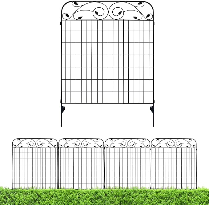 4 Pack 44" H 36" W (Linear Length 12 feet) Black Coated Heavy Duty Steel Decorative Garden Fence Panel with 8 Leaves, Heavy Duty Metal Wire Border Fencing Patio Flower Animal Barrier Section Panel