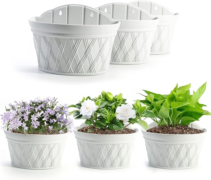 Sungmor Wall Hanging Planters,11.5 Inch Hanging Flower Pots for Railing Fence - Indoor Outdoor Balcony Wall Hanging Basket, Plastic Plant Pot Container - Half Round & 3PC Pack & Grey White