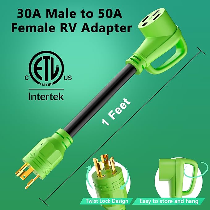 30 Amp to 50 Amp RV Generator Adapter Cord, NEMA L5-30P Twist Lock Male Plug to NEMA 14-50R Female Receptacle with Handle, STW, 10AWG, Electrical Power Cord for Generator to RV Trailer Camper, 1FT