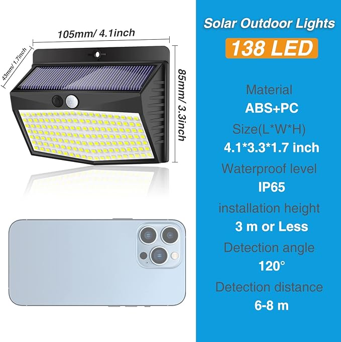 Solar Outdoor Lights, [138 LED/4 Packs] Solar Motion Sensor Security Lights with 3 Lighting Modes Solar Wall Lights Waterproof Solar Powered Lights for Garden Fence Yard Deck Garage