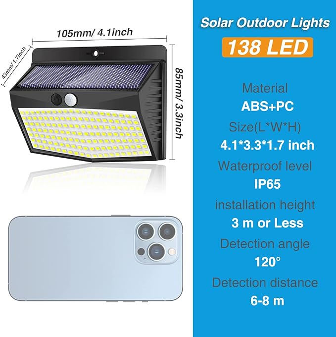 Peasur Solar Lights Outdoor, [138 LED/8 Packs] Solar Motion Sensor Security Light with 3 Lighting Modes Solar Wall Lights Waterproof Solar Powered Lights Outside for Garden Fence Yard Deck Garage