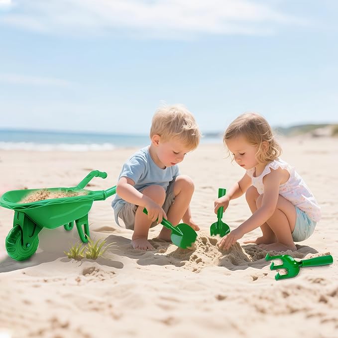 Duckura Kids Wheelbarrow Set - Gardening Tools for Kids with Shovel, Rake, Trowel, Outdoor Yard Lawn Digging Weed Toys, Easter Birthday Gifts for Boys Girls Age 2 3+Years Old(Green B)