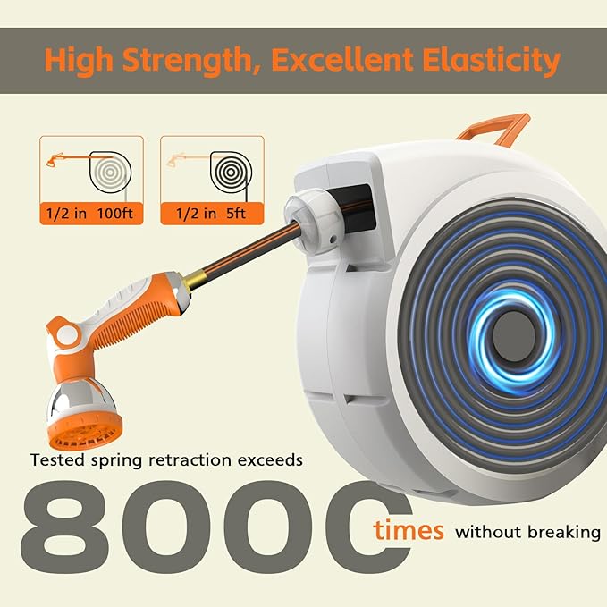 Garden Hose Reel 100ft, 1/2 Inch water hose, Wall Mounted and 180 Deg Swivel Bracket, Slow Retraction Any Length Lock 10 Spray Nozzle