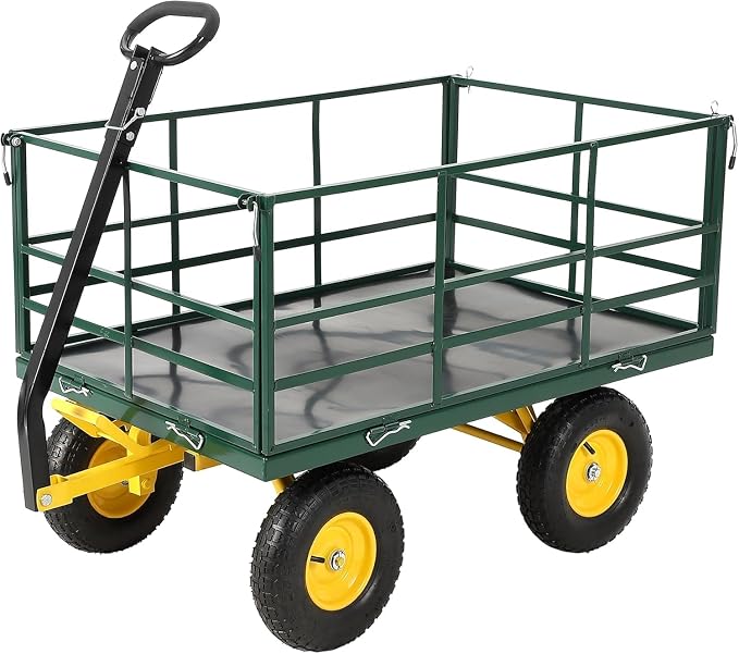 Heavy Duty 1500 Lbs Capacity Mesh Steel Garden Cart Folding Utility Wagon with Removable Sides, Garden Cart on Wheels for Gardening Soil, Tools, and Plant Transport