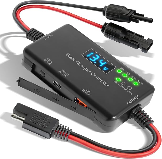 20A Solar Charge Controller 12V, 30V Max VOC | 22W Type-C & 18W USB Fast Charging | LCD Display, Multi Protection | Compatible with LiFePO4, AGM, Gel | for RV, Solar Shed Off Grid System