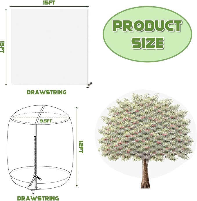 1Pcs 15ft x 15ft Extra Large Fruit Tree Netting Cover with Zipper and Drawstring Garden Plant Protector Bird Barrier for Blueberry Bushes Ultra Fine Mesh Garden Netting for Birds Squirrels Cicadas
