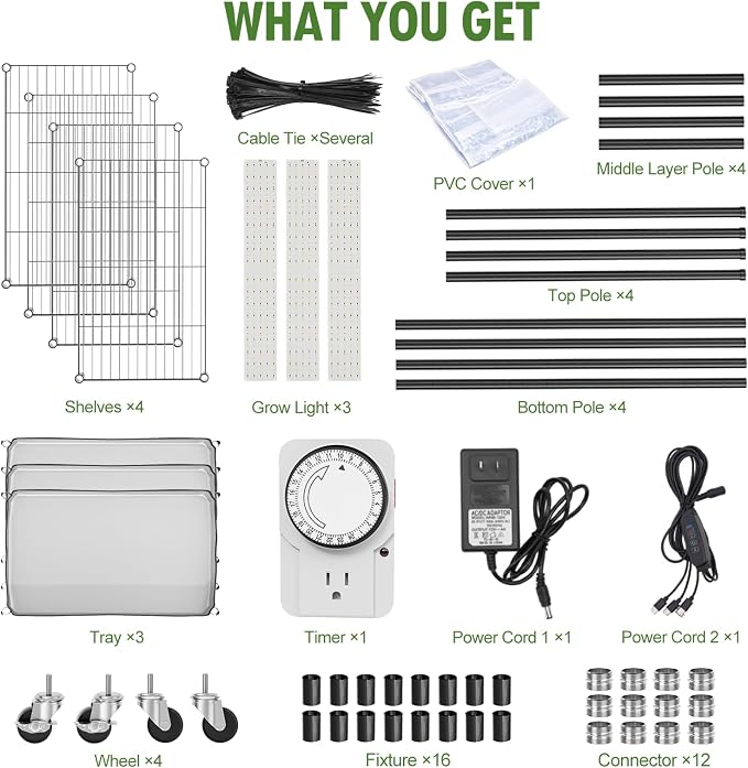 SPECILITE Indoor Greenhouse with Grow Light, DIY 4-Tier Plant Stand with PVC Cover and 99W Full Spectrum 5000K LED Plant Lights, Rolling Plant Shelves with Tent & Timer for Seed Starting, 27x14x59IN