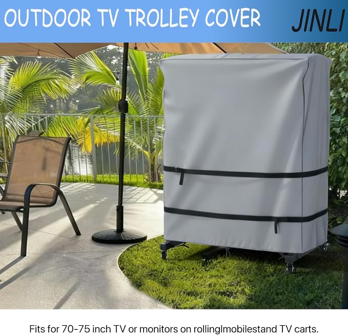 JINLI 70-75 inch outdoor TV trolley cover, courtyard TV cover, Oxford fabric waterproof and dustproof, triple windproof design, compatible with rolling/mobile stand,Grey