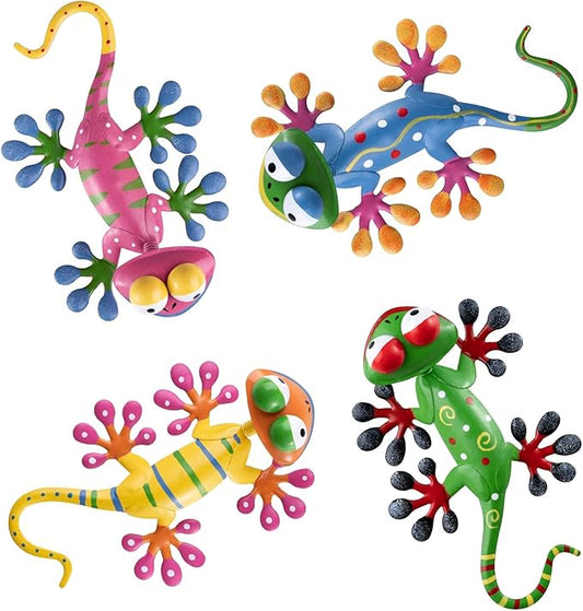 hogardeck Metal Gecko Outdoor Wall Decor, 4 Pack Lizard Art Garden Sculptures & Statues with Shaking Head Spring Decor for Front Yard Fence Patio