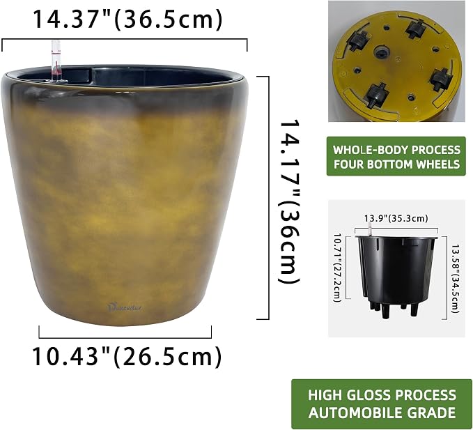 Dexceder 15x14 Self Watering Planter with Wheels (Yellow Brown Gradient) | Inner Pot Design, Thickened Large Floor Standing Flower Plant Pot with Water Level Indicator Indoor Outdoor