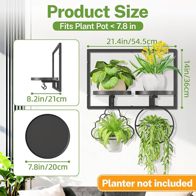 iDavosic.ly Wall Plant Holder Set of 3, 2-Tier Floating Shelves with Hooks, Metal Display Stand for Indoor Outdoor, Picture Frames, Living Room Decor, Space Saving (Pots/Chains/Plants Not Included)