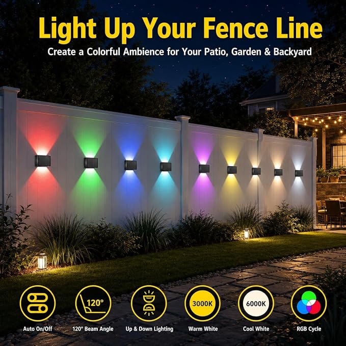 T-SUN Solar Fence Lights Outdoor, 8 Pack RGB Up and Down Decorative Solar Wall Lights with Adjustable Beam Angle, Color Changing & IP65 Waterproof Solar Wall Sconce for Patio Porch Yard Deck Stairs