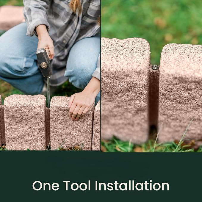 Beuta Landscape Edging | Garden Edging Border | Faux Stone Block XL for Lawn Edging, Flower Beds & Yard Edging – 10 Pack | Each Section Has 6 Blocks 48" L x 4" W x 9.5" H | 30 Spikes | Sandstone