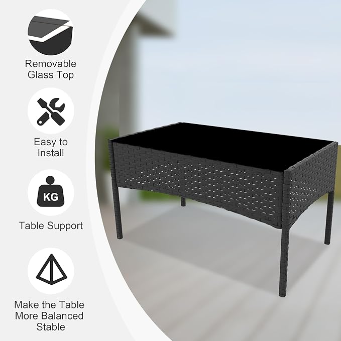 GAOMON 4 Piece Patio Furniture Set, Modern Patio Conversation Set with Glass Coffee Table, PE Wicker & Cushions for Poolside, Deck, Balcony, Black & Beige