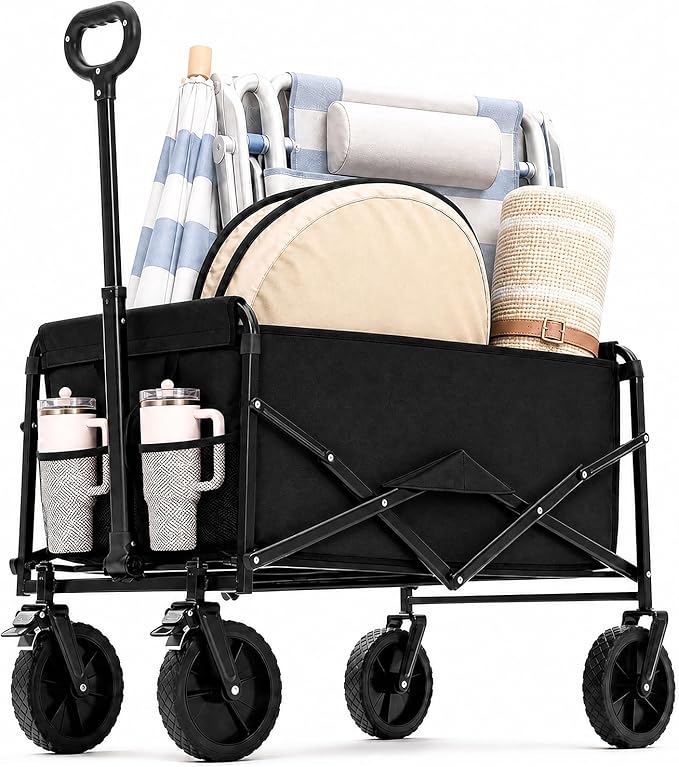 DUMOS Collapsible Wagon Cart, Heavy Duty Foldable Utility Wagon with Wheels – 220 lbs Capacity, Flexible Handle for Beach, Garden, Sports, Grocery & Camping, Black