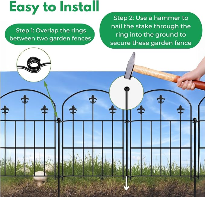 Decorative Garden Fence Border 10 Pack 22in(H) x 10ft(L), Black Rustproof Metal Garden Fencing Animal Barrier for Dogs
