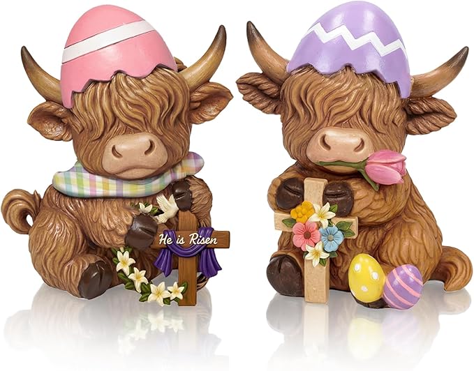 Simgoing 2 Pack Easter Highland Cow Figurines, He is Risen Figurines Highland Cow Decor Spring Home Table Decorations with Egg and Cross Calf Lovers Easter Gifts for Holiday Centerpieces Ornament