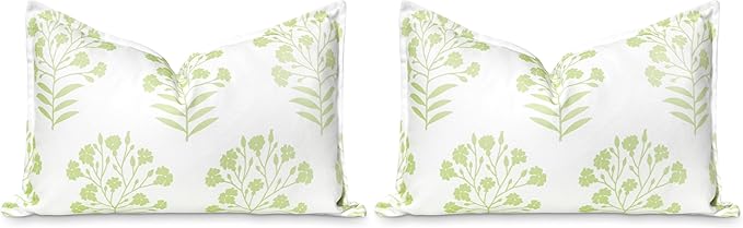 Hofdeco Premium Coastal Patio Indoor Outdoor Lumbar Pillow Cover Only, 12"x20" Water Repellent for Backyard, Couch, Green Print Floral (Pack of 2)