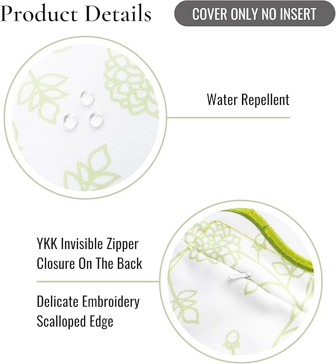 Hofdeco Premium Coastal Patio Indoor Outdoor Scalloped Lumbar Pillow Cover Only, 12"x20" Water Repellent for Backyard, Couch, Green Print Dahlia Floral