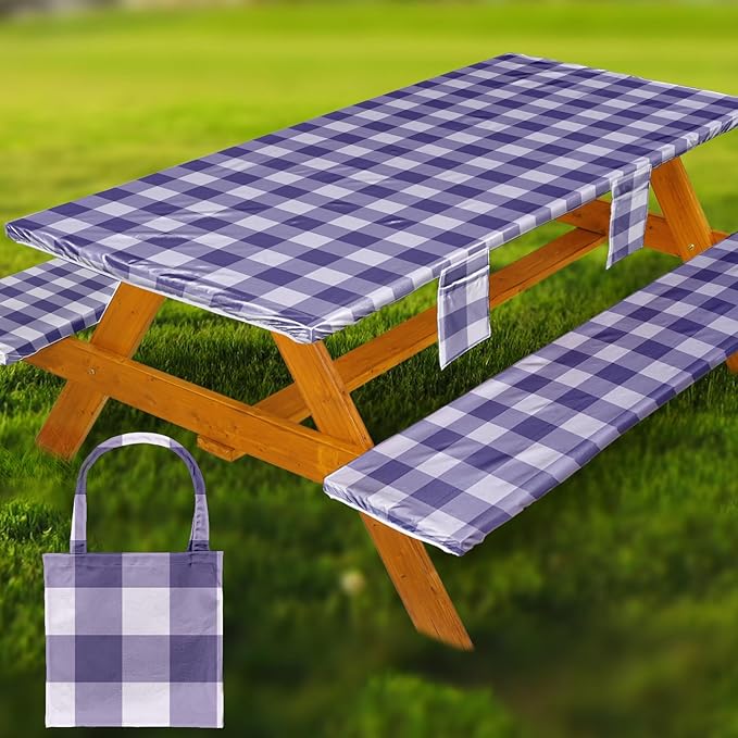 Picnic Table Cover with Bench Covers Vinyl Elastic Edges Fitted Rectangle Seat Tables Waterproof 3-Piece72X30in Set Outdoor Rectangular Folding Backing Tablecloth for Camping Over Size