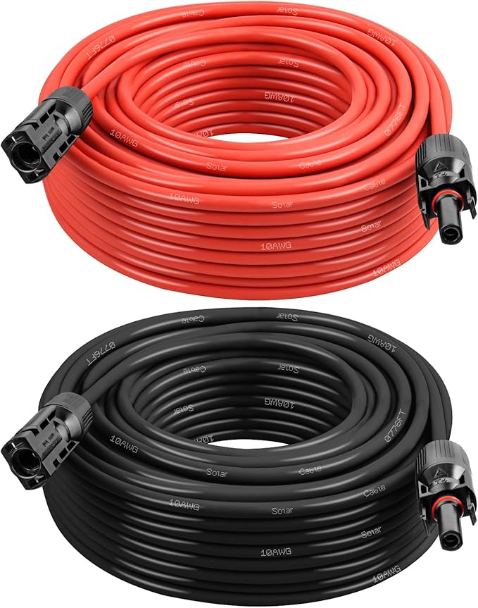 Solar Panel Extension Cable - 10AWG 75FT Solar Wire with Female & Male Waterproof Connector PV Wire for RV, Photovoltaic Systems, Home, Boat, Solar Panels, Car(75 feet Red + 75 feet Black)