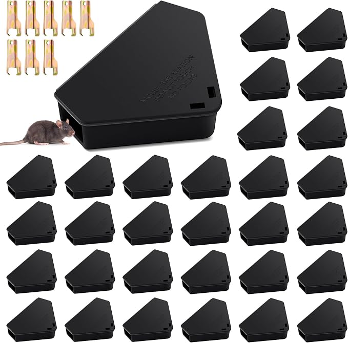 Qualirey 36 Pcs Mice Station with Key Triangle Mouse Station Lockable Reusable Bait Box, Enclosed Design for Indoor and Outdoor Use, Suitable for Small Mice (Black)